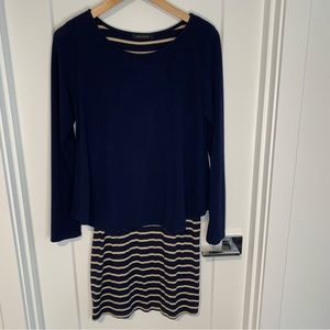 Hail3y:23 Navy Blue and Tan Striped Layered Knit M